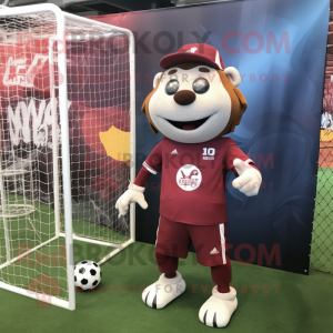 Maroon Soccer Goal mascot costume character dressed with a Henley Shirt and Headbands