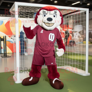 Maroon Soccer Goal mascot costume character dressed with a Henley Shirt and Headbands