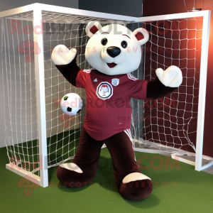 Maroon Soccer Goal mascot costume character dressed with a Henley Shirt and Headbands