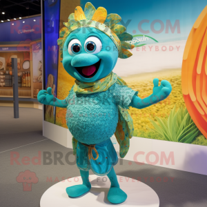 Teal Paella mascot costume character dressed with a Swimwear and Necklaces