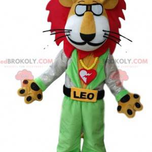 Leone il leone mascotte con gli occhiali e una criniera rossa -