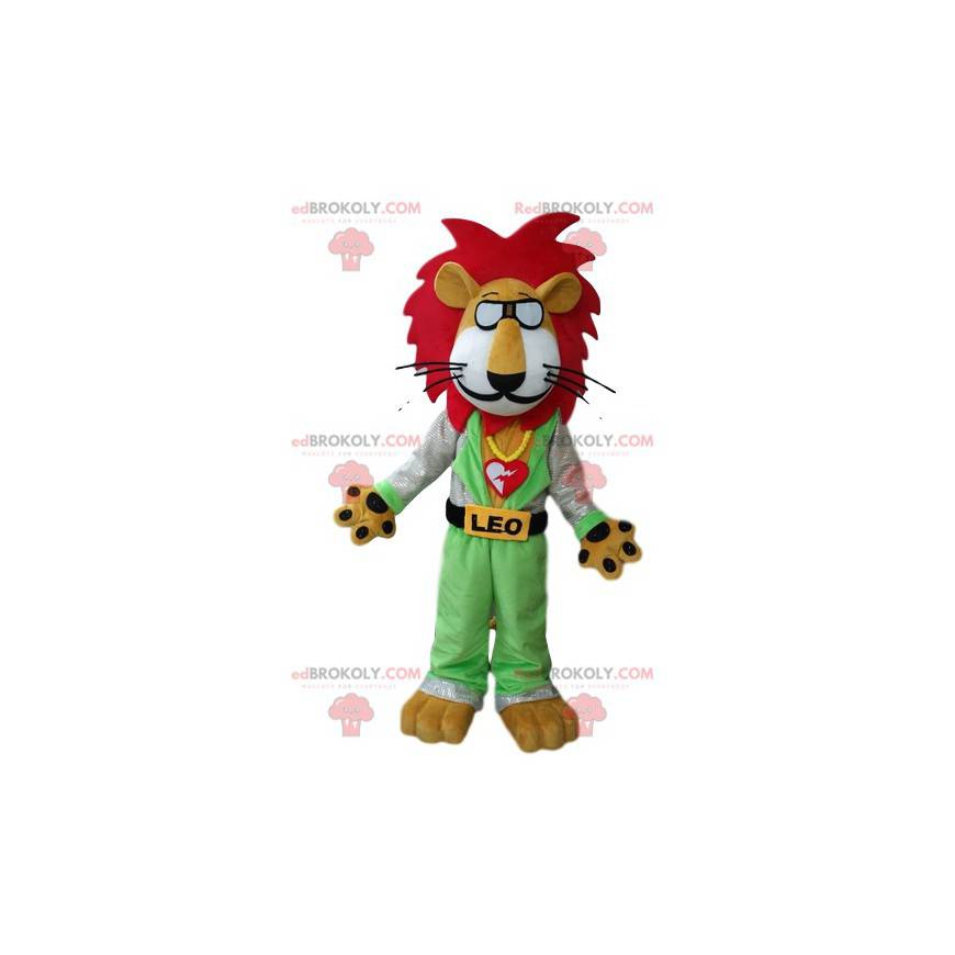 Mascotte de Léo le lion avec des lunettes et une crinière rouge