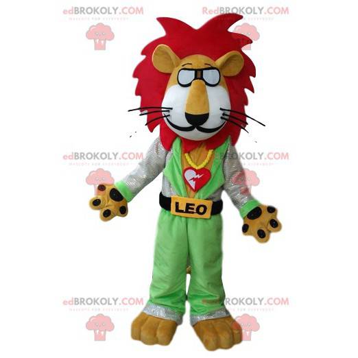 Leone il leone mascotte con gli occhiali e una criniera rossa -