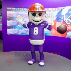 Purple American Football Helmet mascot costume character dressed with a Polo Shirt and Cufflinks