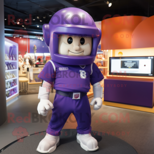 Purple American Football Helmet mascot costume character dressed with a Polo Shirt and Cufflinks