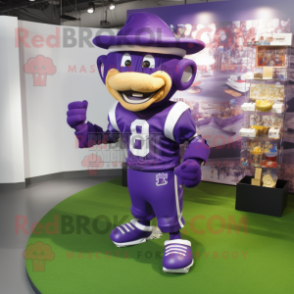 Purple American Football Helmet mascot costume character dressed with a Polo Shirt and Cufflinks