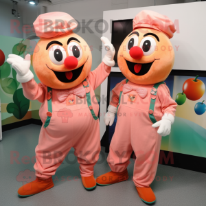 Peach Clown mascot costume character dressed with a Overalls and Cufflinks