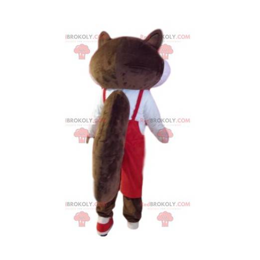 Brown and white squirrel mascot with red overalls -