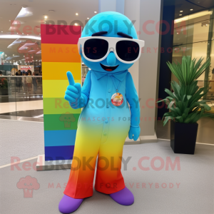 Cyan Rainbow mascot costume character dressed with a Dress Pants and Sunglasses