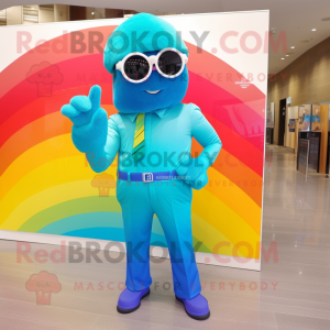 Cyan Rainbow mascot costume character dressed with a Dress Pants and Sunglasses