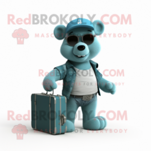 Teal Teddy Bear mascot costume character dressed with a Denim Shorts and Briefcases