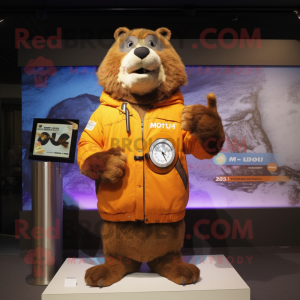 Rust Marmot mascot costume character dressed with a Windbreaker and Digital watches