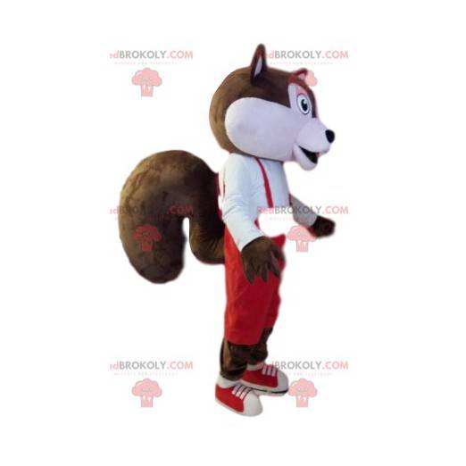 Brown and white squirrel mascot with red overalls -