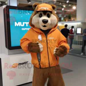 Rust Marmot mascot costume character dressed with a Windbreaker and Digital watches