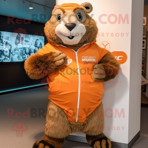 Rust Marmot mascot costume character dressed with a Windbreaker and Digital watches
