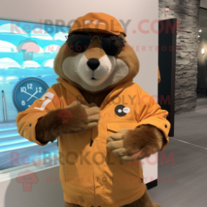 Rust Marmot mascot costume character dressed with a Windbreaker and Digital watches