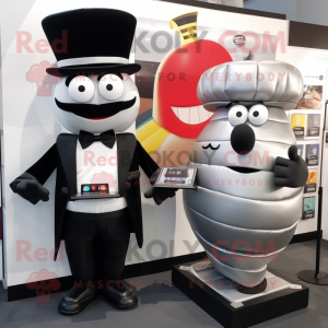 Silver Burgers mascot costume character dressed with a Tuxedo and Wallets