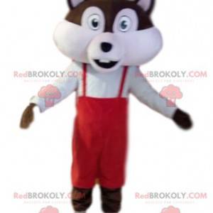 Mascotte bruine en witte eekhoorn met rode overall -