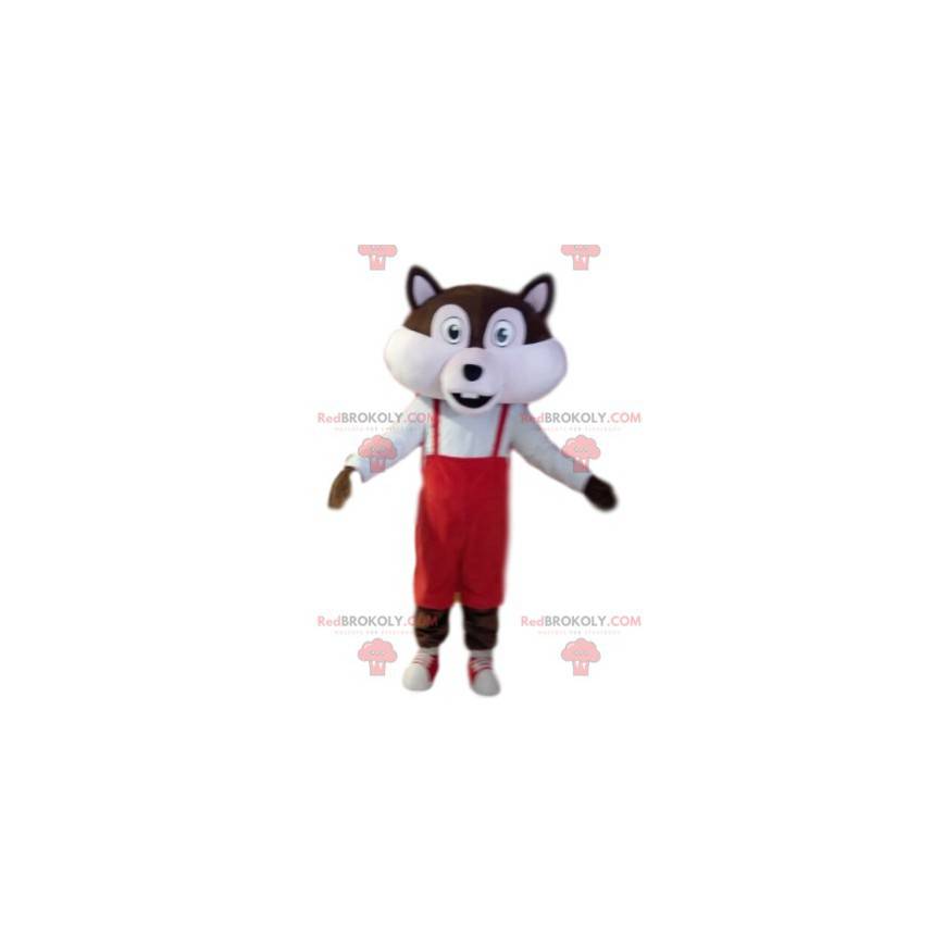 Brown and white squirrel mascot with red overalls -