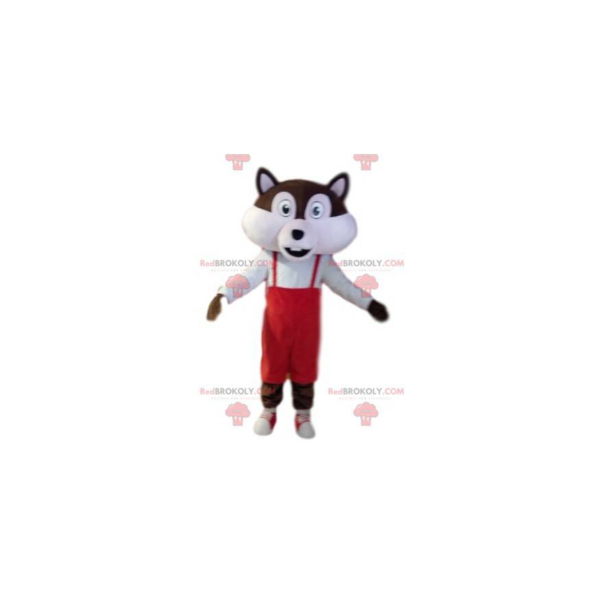 Brun och vit ekorre maskot med röda overaller - Redbrokoly.com Brun och vit ekorre maskot med röda overaller - Redbrokoly.com