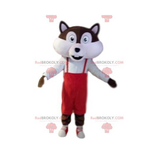 Mascote esquilo marrom e branco com macacão vermelho -
