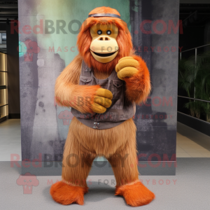 Rust Orangutan mascot costume character dressed with a Corduroy Pants and Beanies