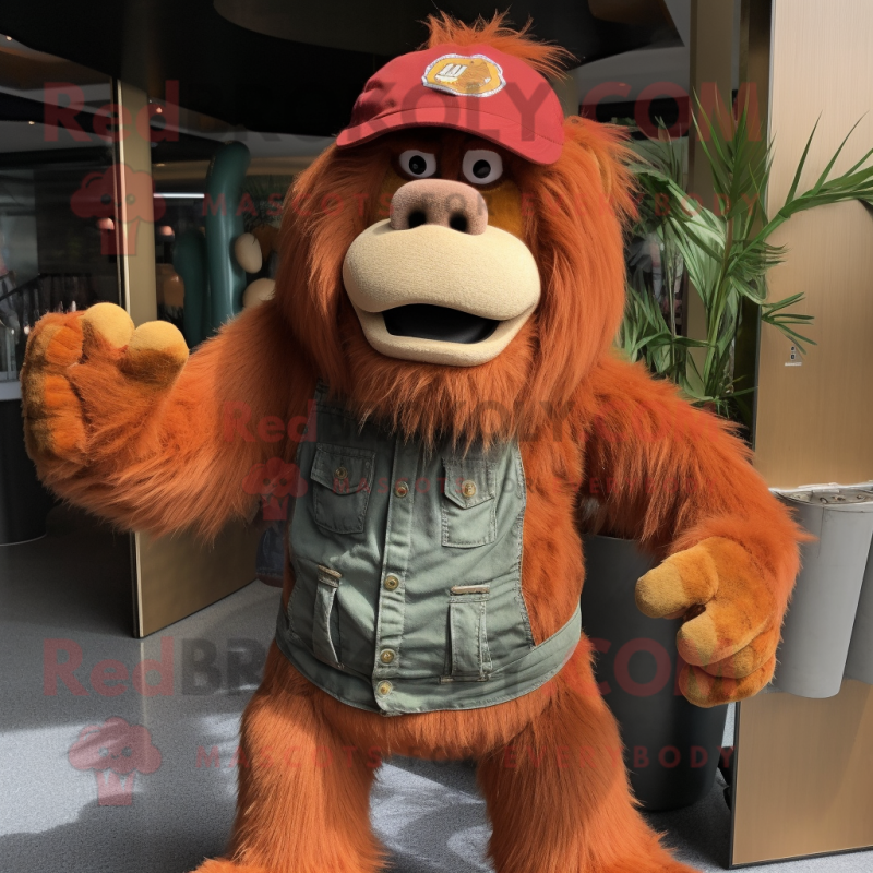 Rust Orangutan mascot costume character dressed with a Corduroy Pants and Beanies Rust Orangutan mascot costume character dressed with a Corduroy Pants and Beanies