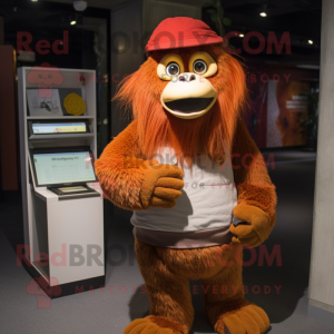 Rust Orangutan mascot costume character dressed with a Corduroy Pants and Beanies