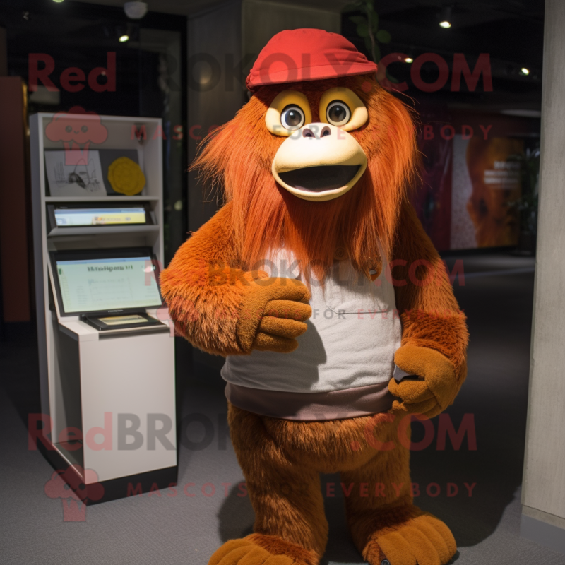 Rust Orangutan mascot costume character dressed with a Corduroy Pants and Beanies Rust Orangutan mascot costume character dressed with a Corduroy Pants and Beanies