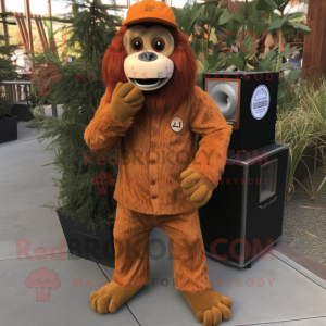 Rust Orangutan mascot costume character dressed with a Corduroy Pants and Beanies