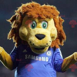 Geel en bruin leeuw mascotte in blauwe sportkleding -