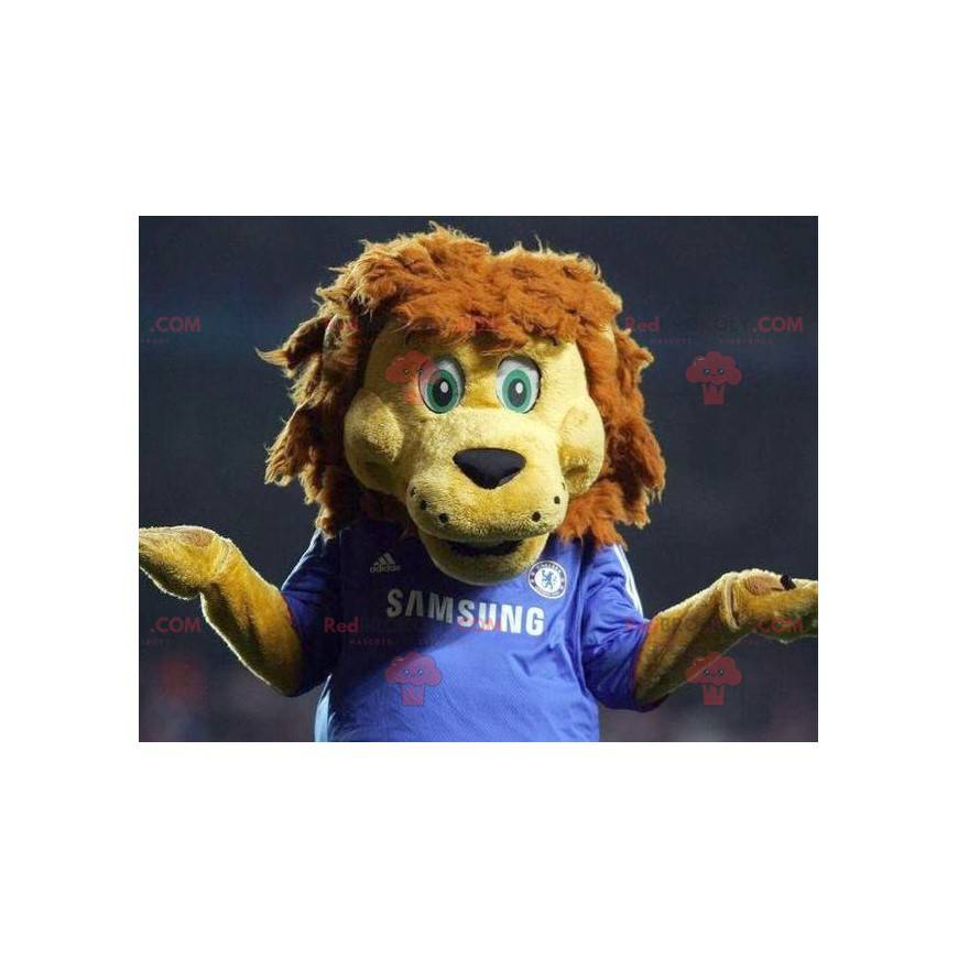 Yellow and brown lion mascot in blue sportswear - Redbrokoly.com
