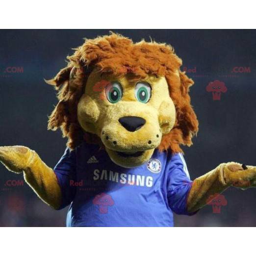 Mascotte de lion jaune et marron en tenue de sport bleu -