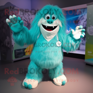 Turquoise Yeti mascot costume character dressed with a Skirt and Gloves