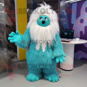 Turquoise Yeti mascot costume character dressed with a Skirt and Gloves