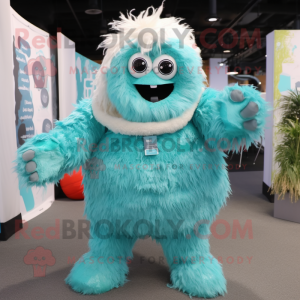 Turquoise Yeti mascot costume character dressed with a Skirt and Gloves