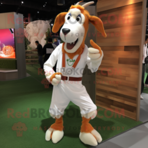 Peach Boer Goat mascot costume character dressed with a Joggers and Shoe clips