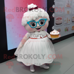 White Cupcake mascot costume character dressed with a Circle Skirt and Reading glasses