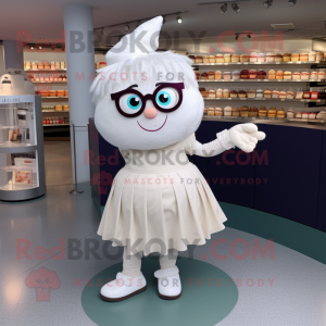 White Cupcake mascot costume character dressed with a Circle Skirt and Reading glasses