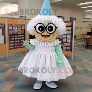 White Cupcake mascot costume character dressed with a Circle Skirt and Reading glasses