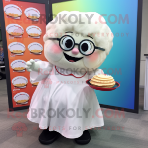 White Cupcake mascot costume character dressed with a Circle Skirt and Reading glasses