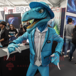 Cyan Coelophysis mascot costume character dressed with a Jacket and Suspenders