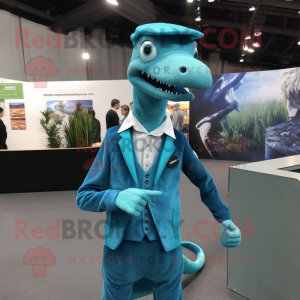 Cyan Coelophysis mascot costume character dressed with a Jacket and Suspenders