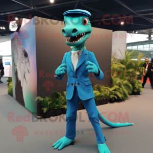 Cyan Coelophysis mascot costume character dressed with a Jacket and Suspenders