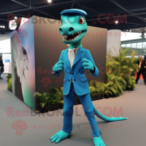 Cyan Coelophysis mascot costume character dressed with a Jacket and Suspenders