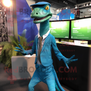 Cyan Coelophysis mascot costume character dressed with a Jacket and Suspenders