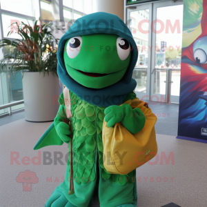 Green Barracuda mascot costume character dressed with a Cover-up and Handbags