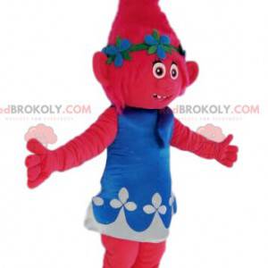 Mascot little fuchsia ogress with a blue and white dress -