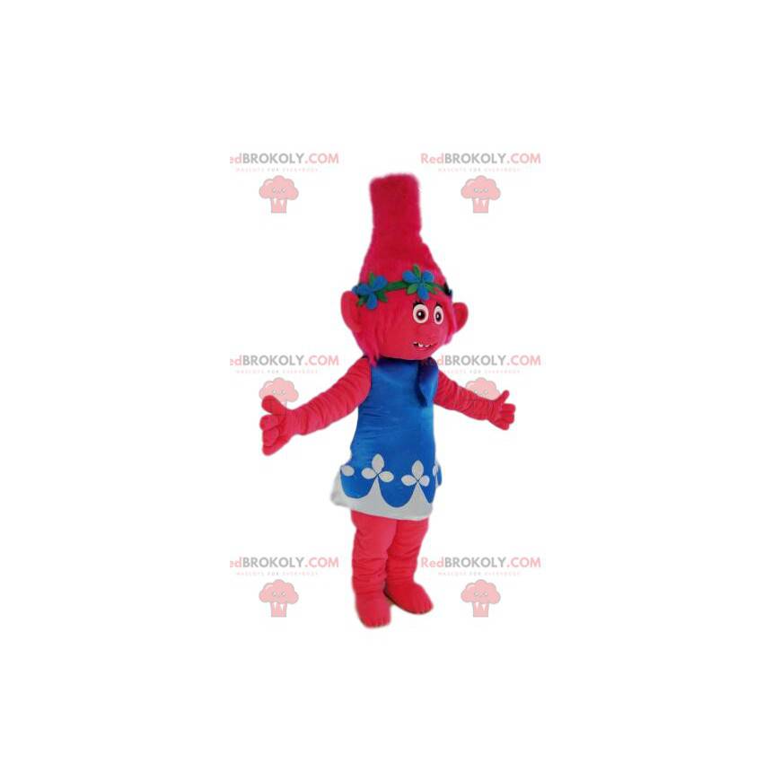 Mascot little fuchsia ogress with a blue and white dress -