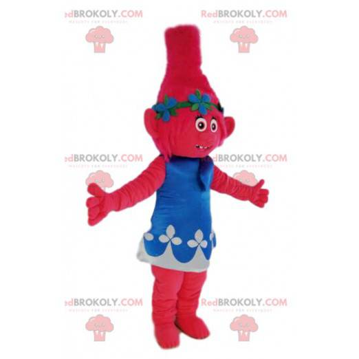 Mascot little fuchsia ogress with a blue and white dress -